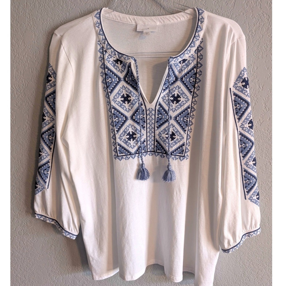 J. Jill White Blue Embroidered Tassel Peasant Top Cotton Modal Medium RN 97641